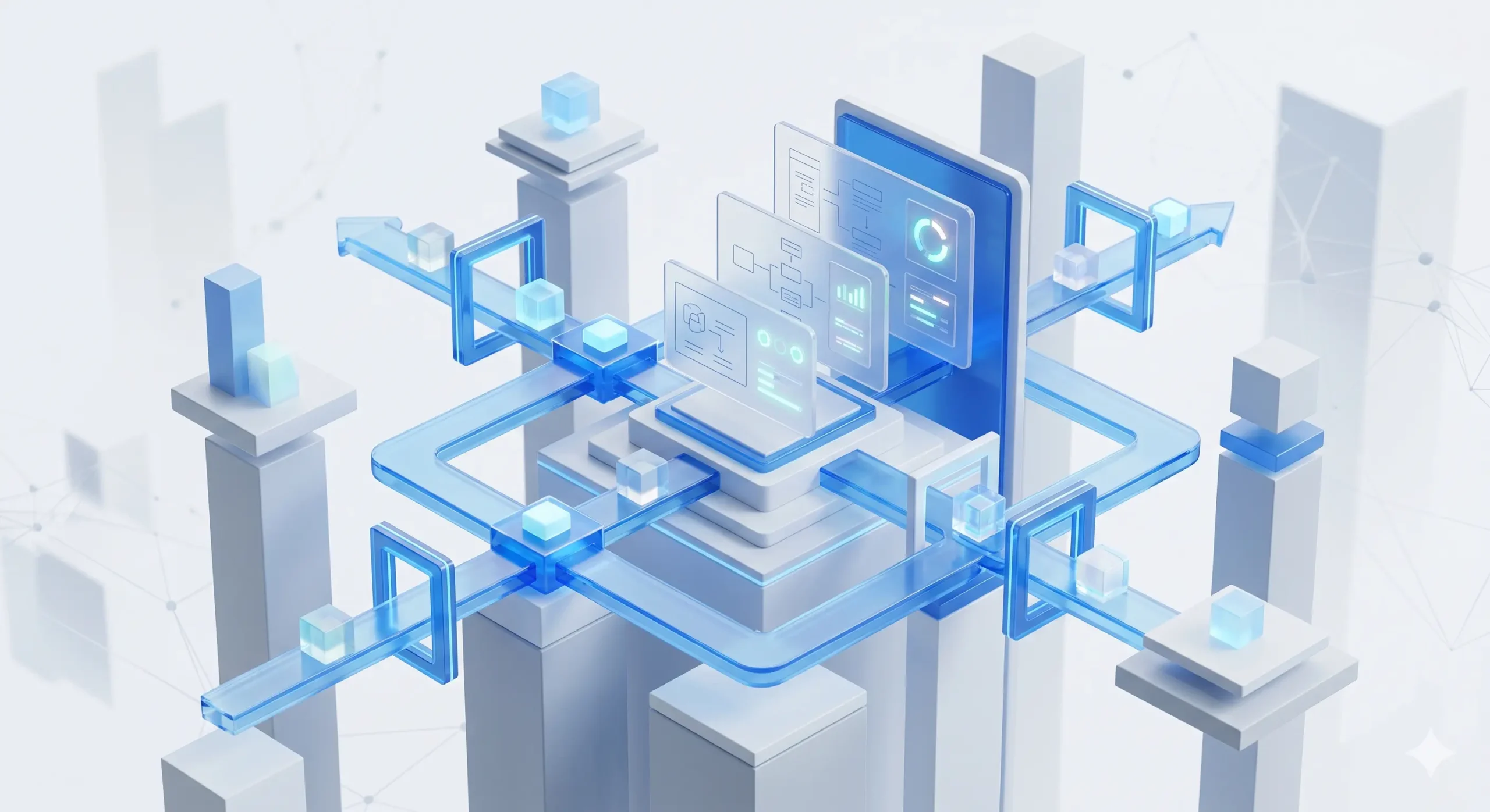 3D-illustration af data governance processer for AI-systemer.